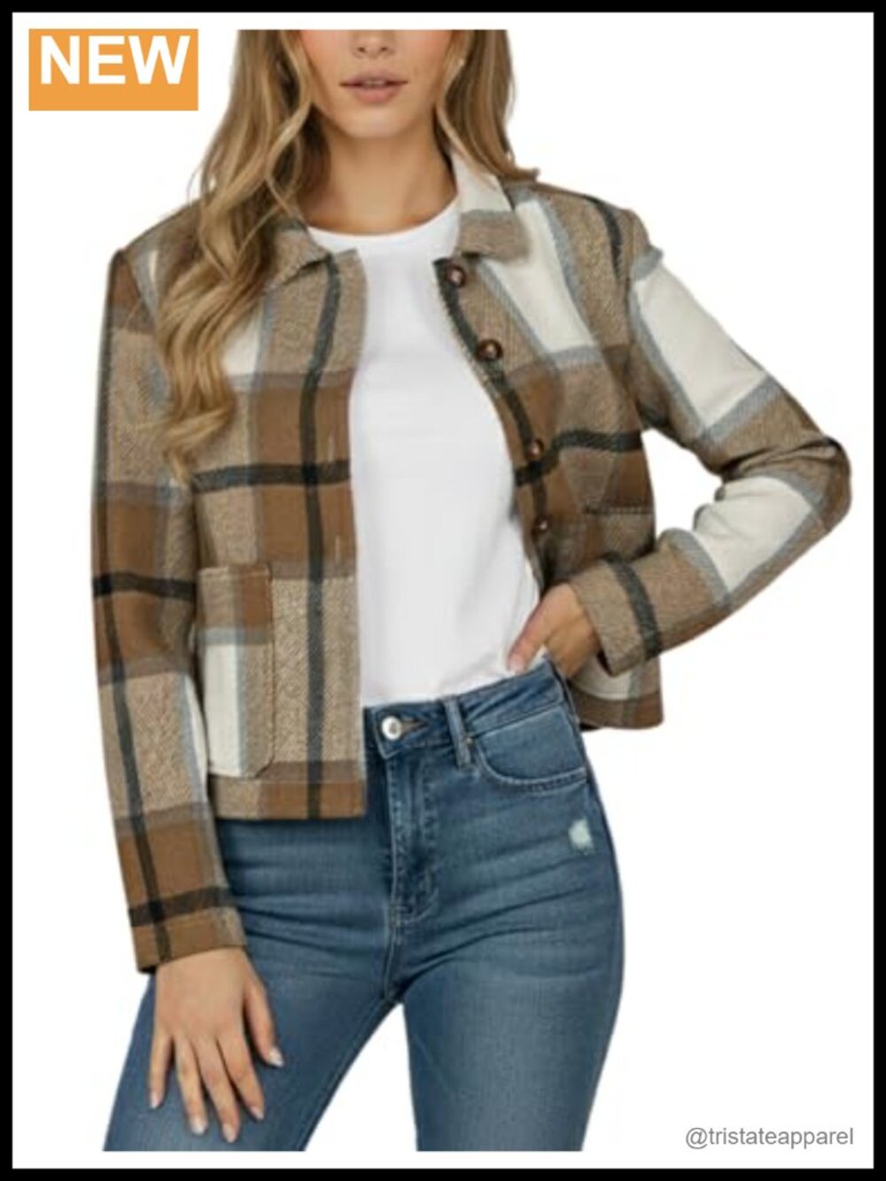 Cropped Flannel Plaid Shacket Jacket Women Casual Long Sleeve Button Up